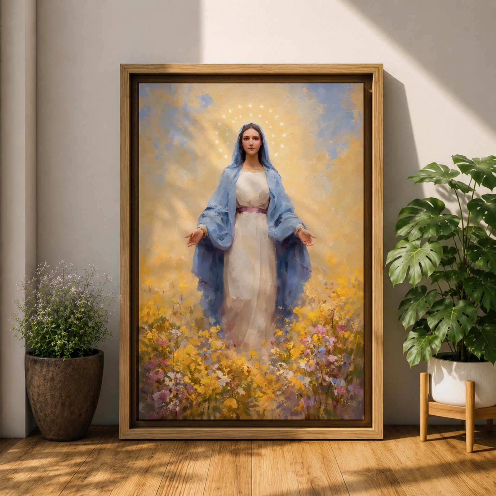 Virgin Mary Wall Art Flower Field Framed Canvas Madonna Catholic Christian Wall Decor