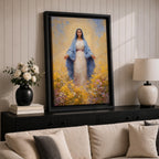 Virgin Mary Wall Art Flower Field Framed Canvas Madonna Catholic Christian Wall Decor