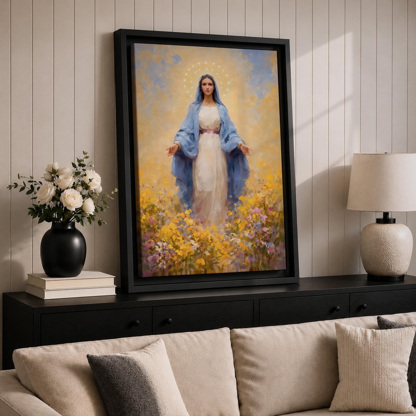Virgin Mary Wall Art Flower Field Framed Canvas Madonna Catholic Christian Wall Decor