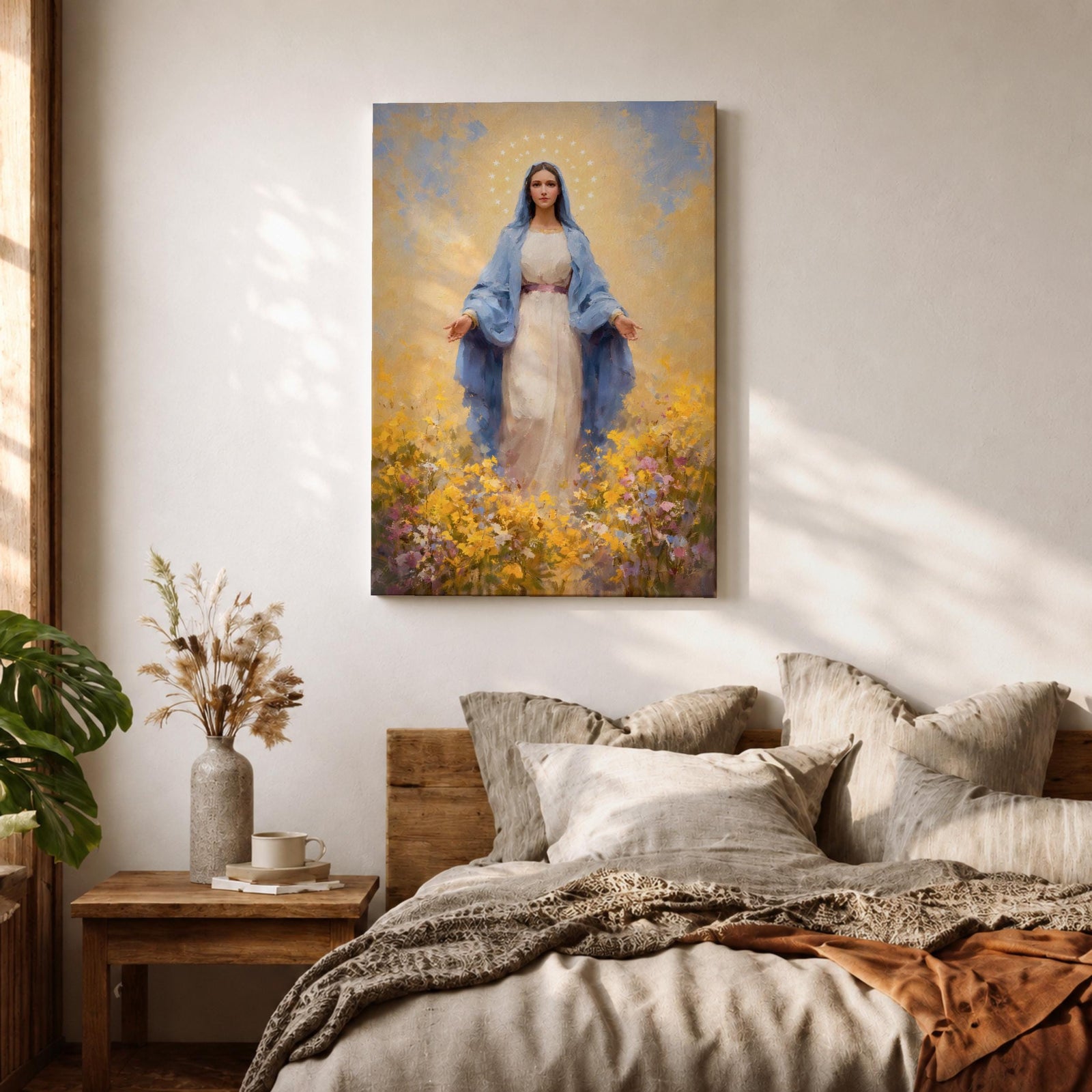 Virgin Mary Wall Art Flower Field Framed Canvas Madonna Catholic Christian Wall Decor
