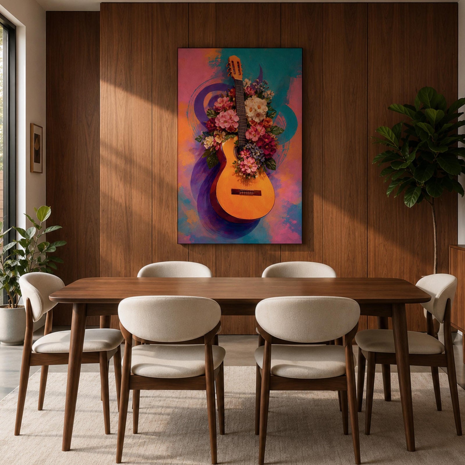 Guitar Wall Art Floral Harmony Framed Canvas Acoustic Spanish Music Garden Blooms Boho Decor