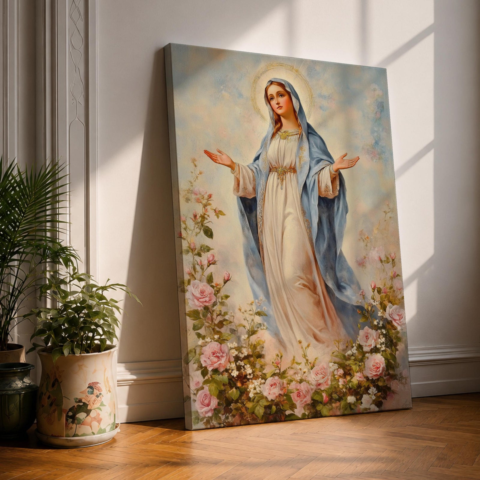 Holy Mother Wall Art Rose Garden Framed Canvas Virgin Mary Vintage Altar Prayer Decor