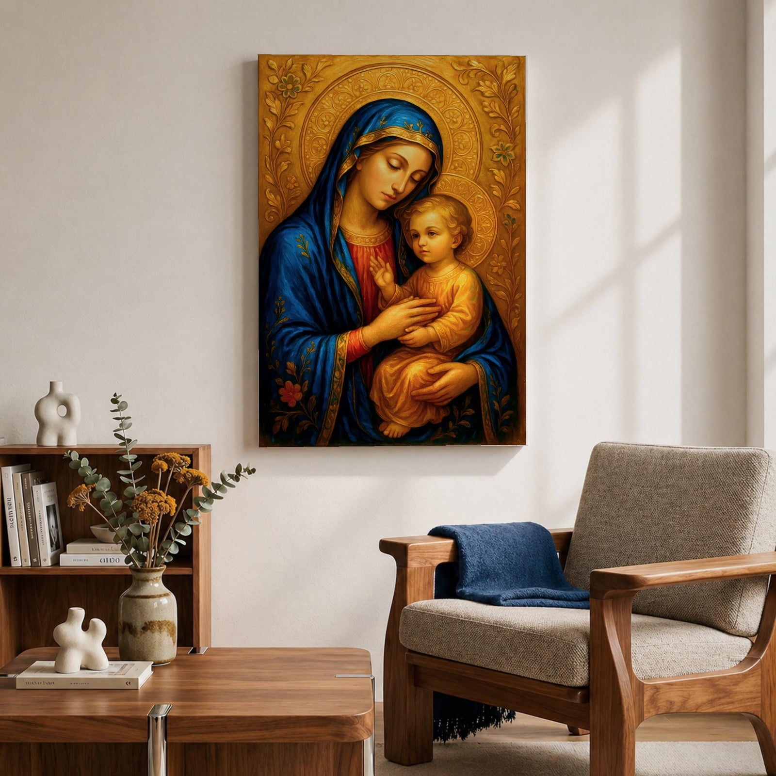Virgin Mary and Child Wall Art Madonna Framed Canvas Catholic Sacred Marian Home Decor