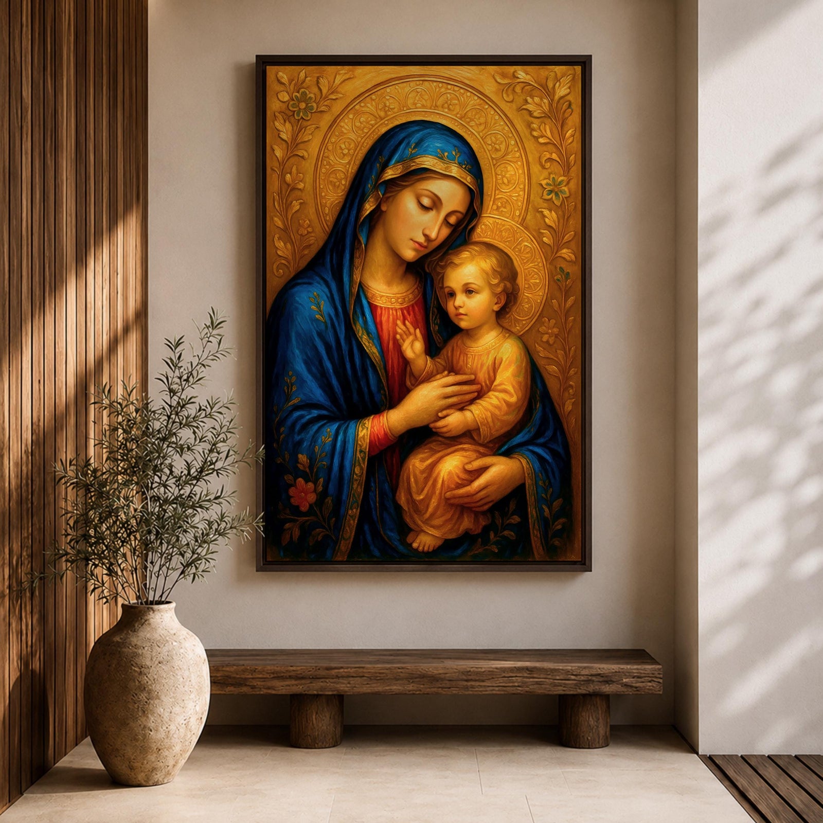 Virgin Mary and Child Wall Art Madonna Framed Canvas Catholic Sacred Marian Home Decor