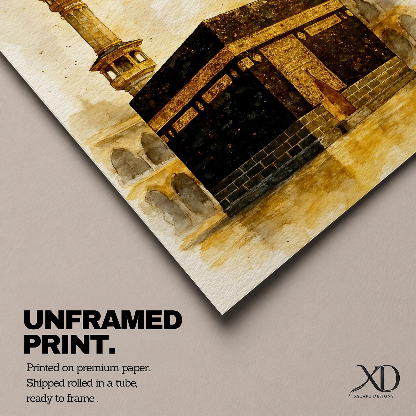 Kaaba Wall Art Mecca Minarets Framed Canvas Masjid Al Haram Watercolor Vintage Islamic Decor