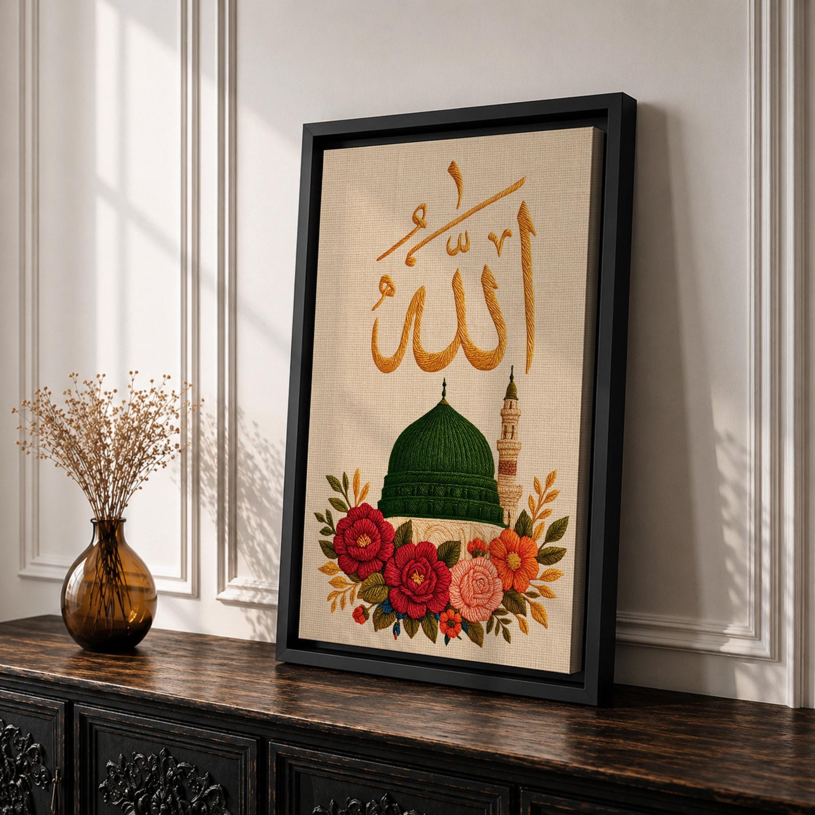 Allah Wall Art Floral Green Dome Framed Canvas Masjid Nabawi Embroidered Islamic Calligraphy Decor