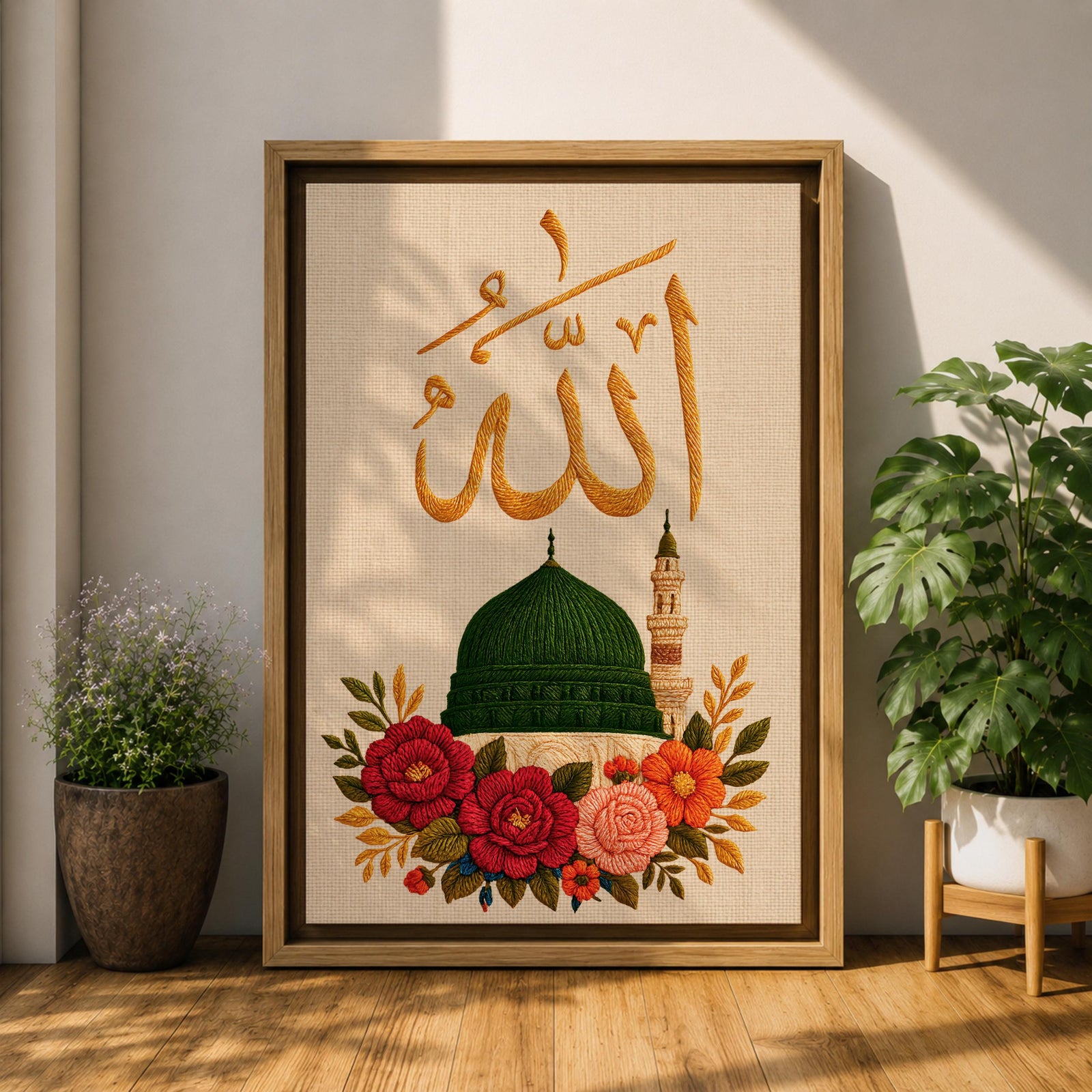 Allah Wall Art Floral Green Dome Framed Canvas Masjid Nabawi Embroidered Islamic Calligraphy Decor