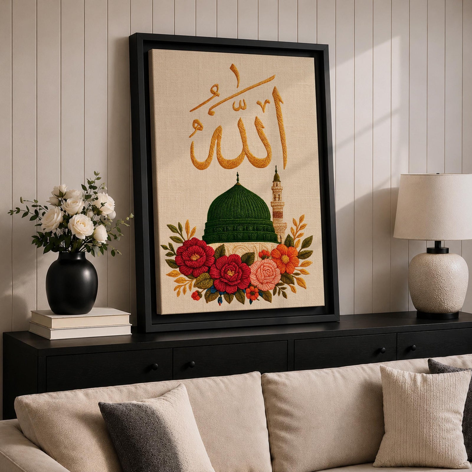 Allah Wall Art Floral Green Dome Framed Canvas Masjid Nabawi Embroidered Islamic Calligraphy Decor