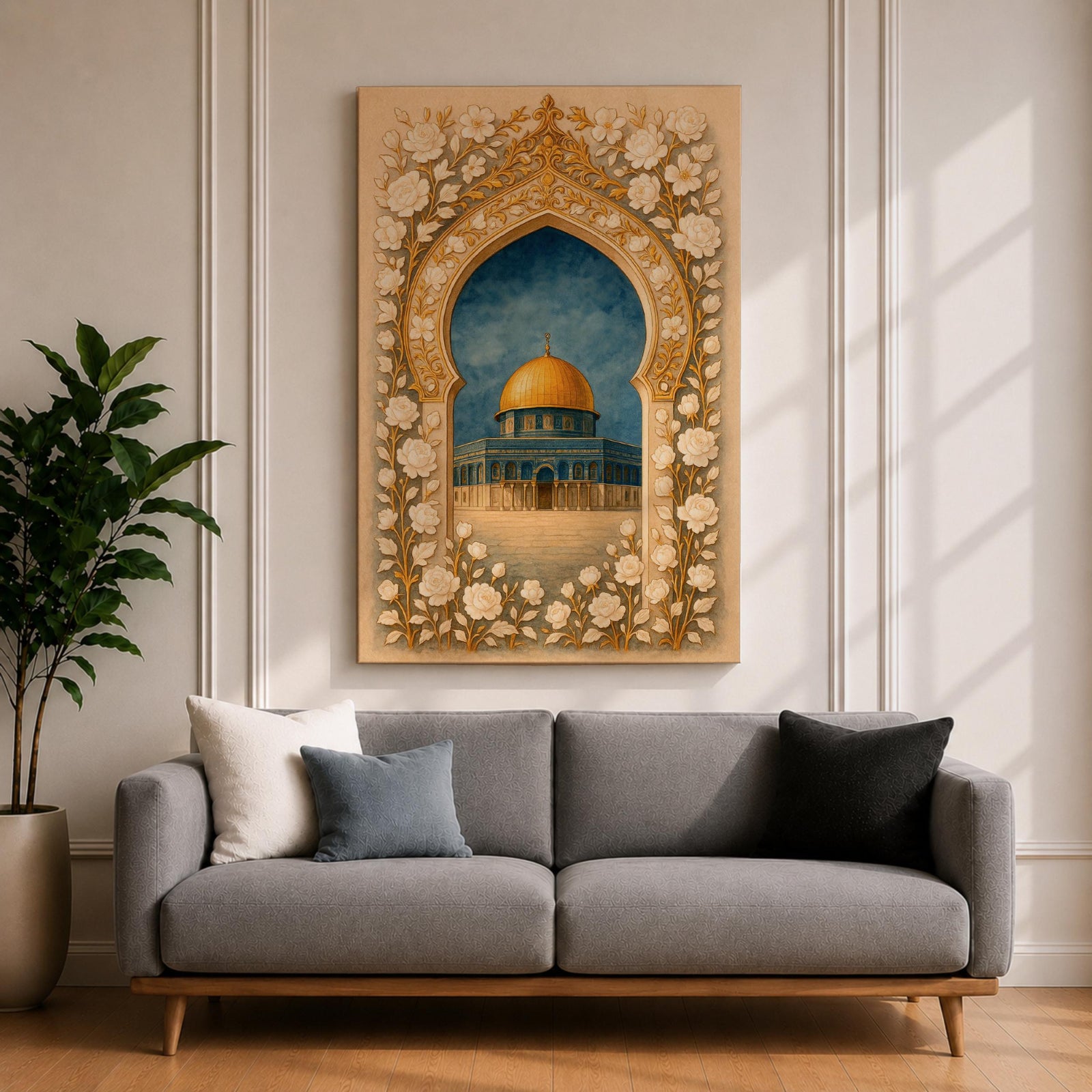 Dome of the Rock Wall Art Floral Arch Framed Canvas Qubbat Sakhrah Islamic Decor