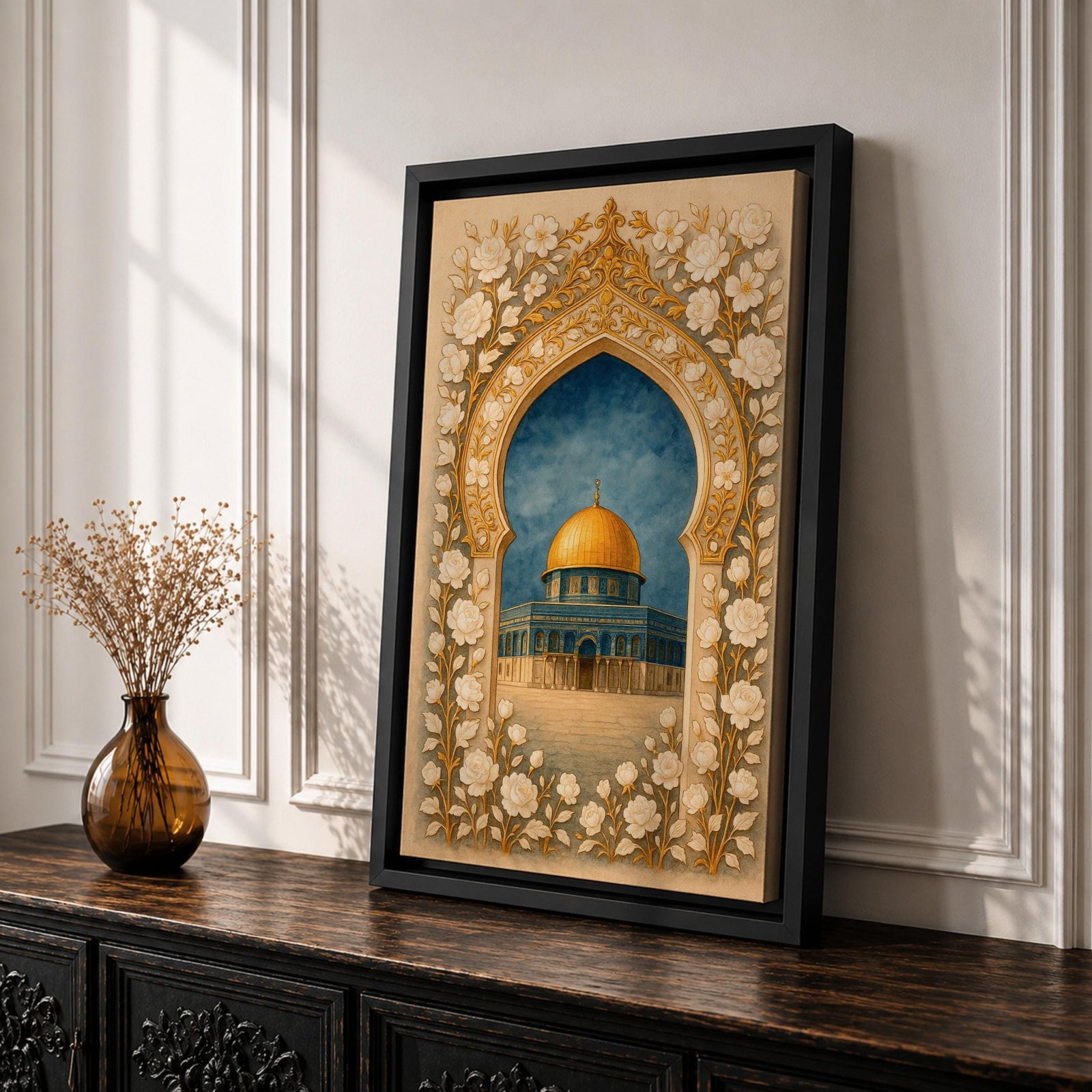 Dome of the Rock Wall Art Floral Arch Framed Canvas Qubbat Sakhrah Islamic Decor