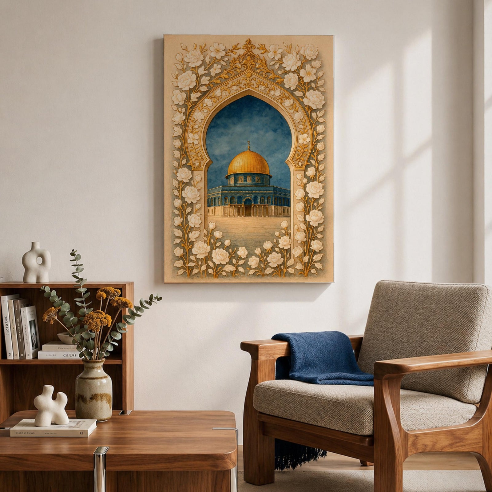 Dome of the Rock Wall Art Floral Arch Framed Canvas Qubbat Sakhrah Islamic Decor