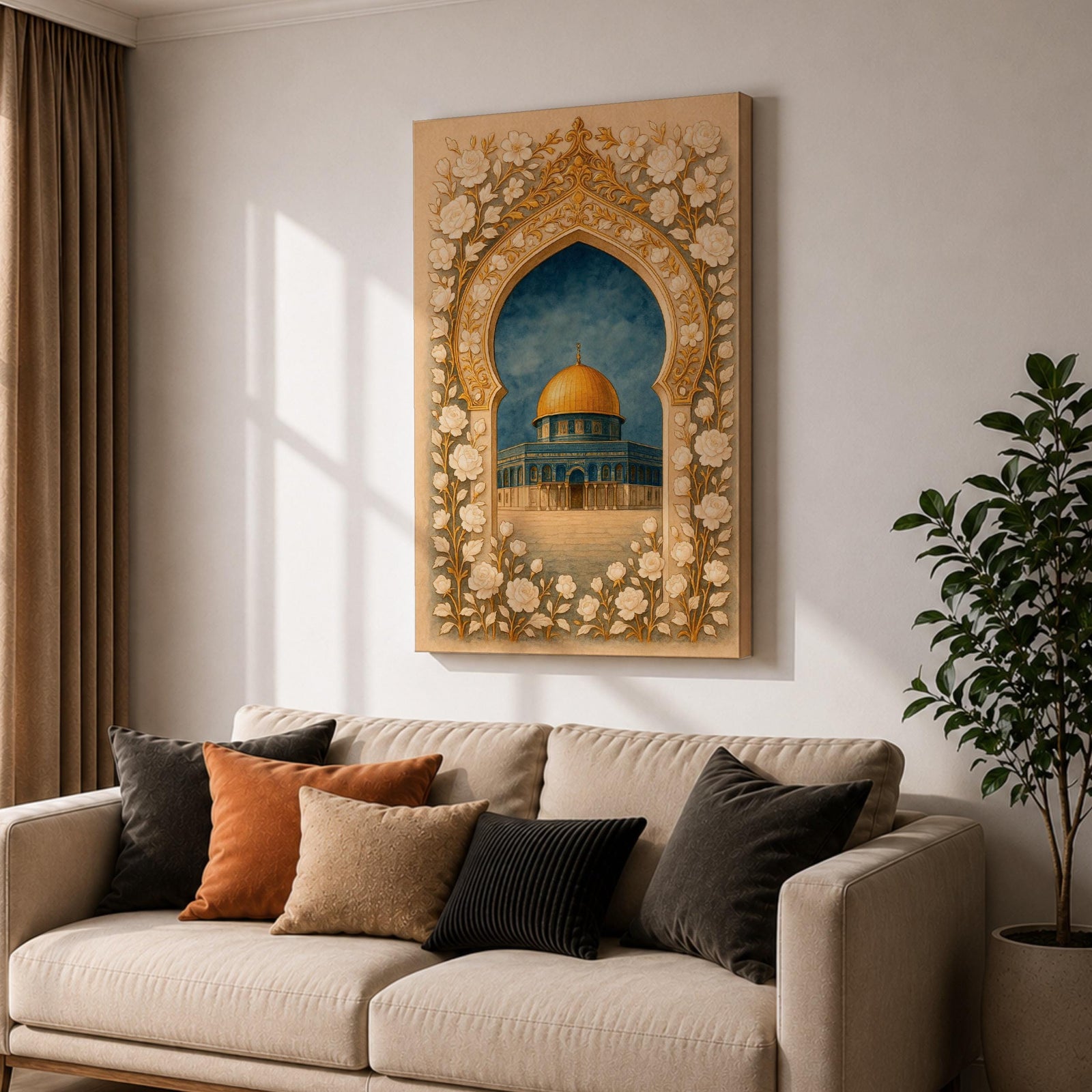 Dome of the Rock Wall Art Floral Arch Framed Canvas Qubbat Sakhrah Islamic Decor