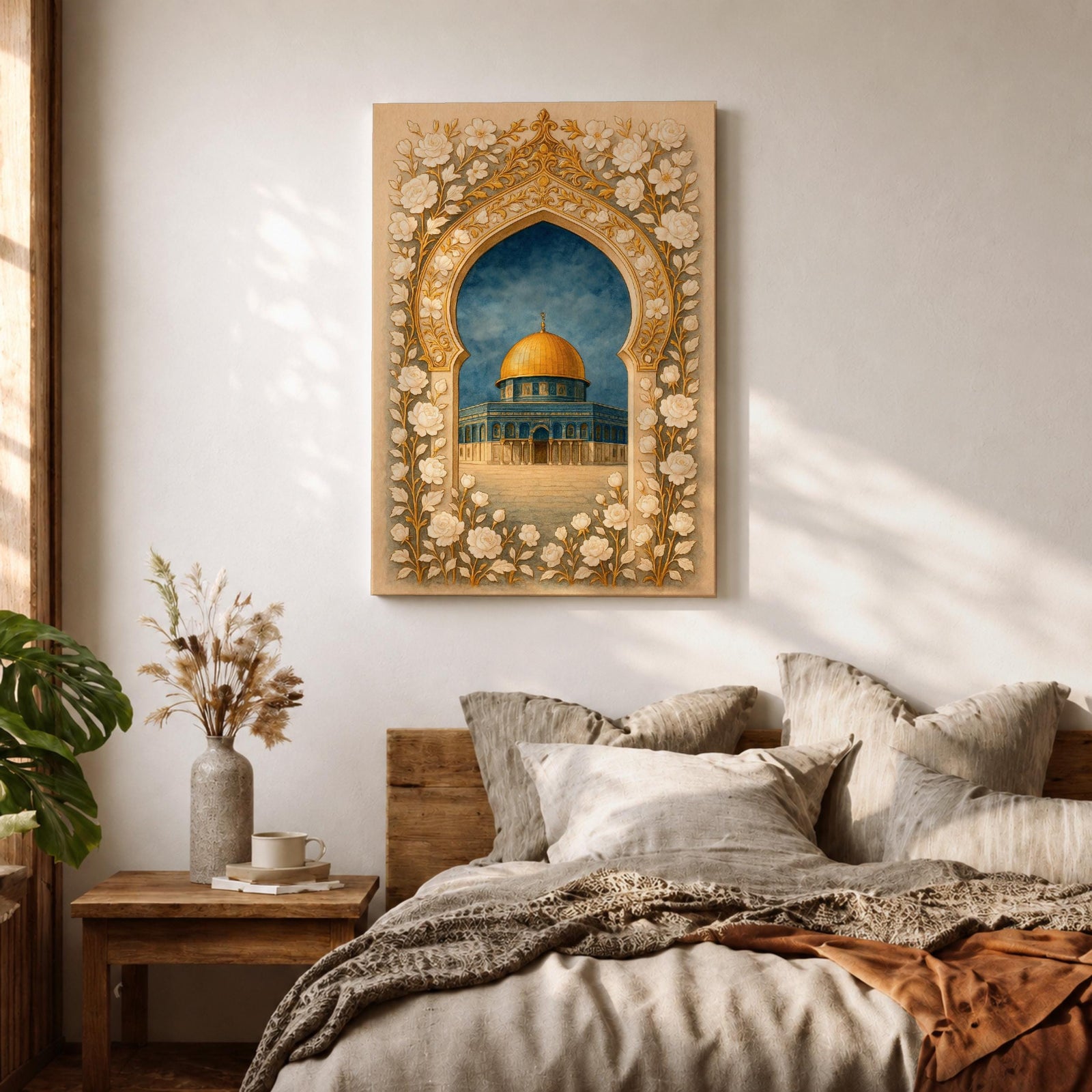 Dome of the Rock Wall Art Floral Arch Framed Canvas Qubbat Sakhrah Islamic Decor