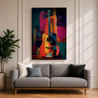 Abstract Guitar Wall Art Colorful Acoustic Framed Canvas Modern Music Painting Vibrant Decor