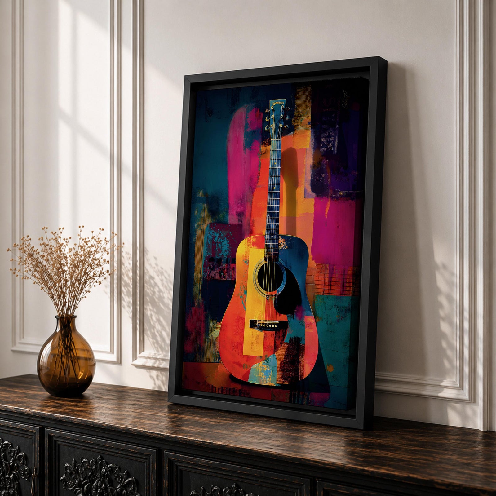 Abstract Guitar Wall Art Colorful Acoustic Framed Canvas Modern Music Painting Vibrant Decor