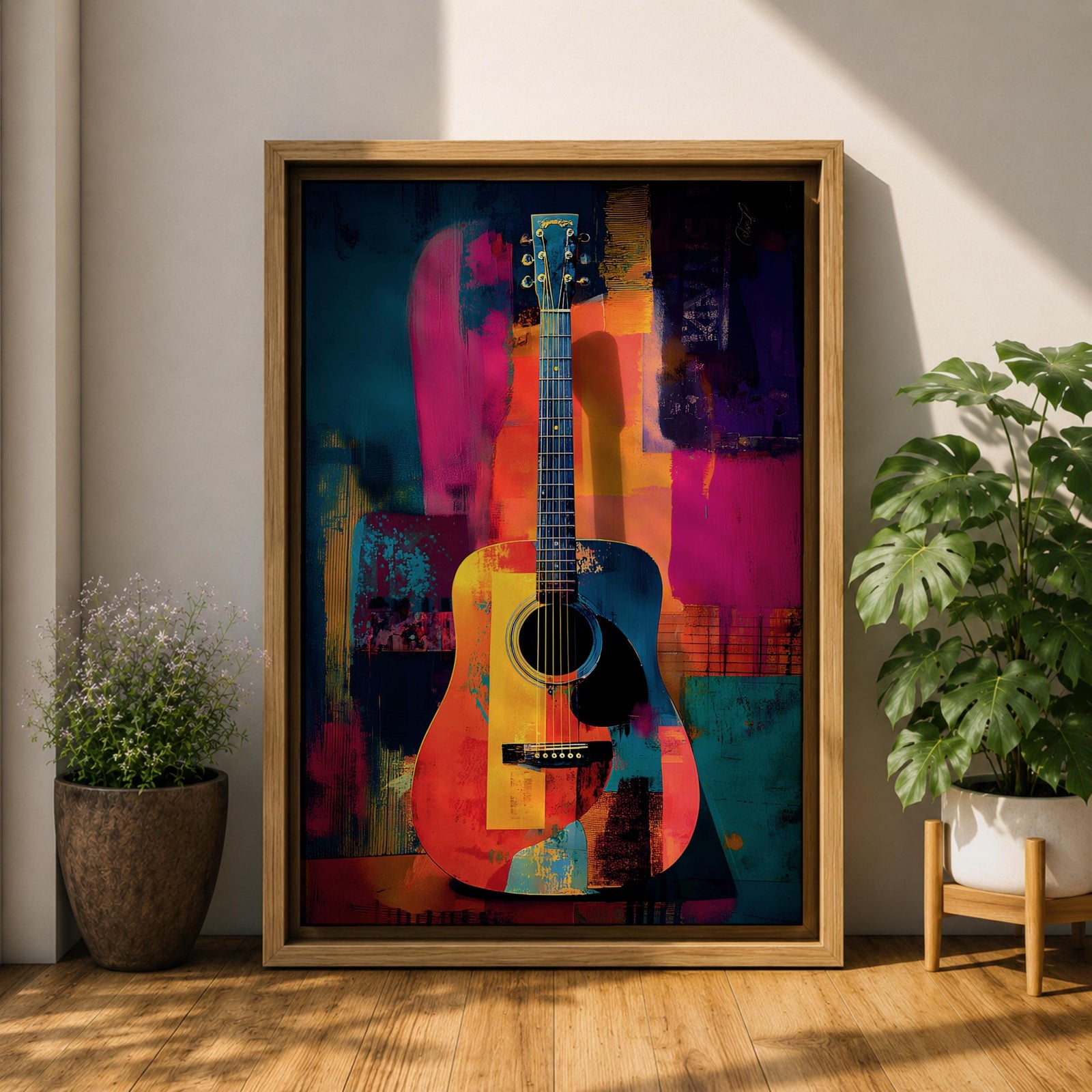 Abstract Guitar Wall Art Colorful Acoustic Framed Canvas Modern Music Painting Vibrant Decor