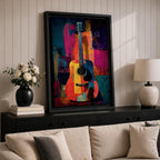 Abstract Guitar Wall Art Colorful Acoustic Framed Canvas Modern Music Painting Vibrant Decor