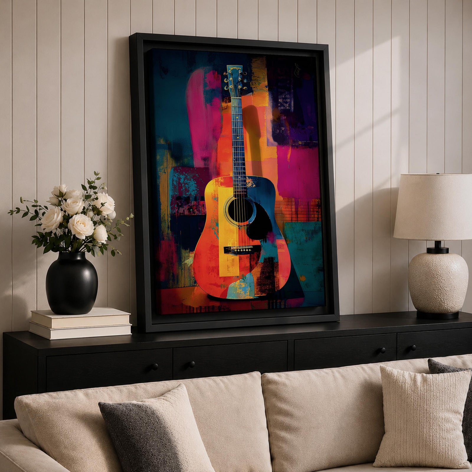 Abstract Guitar Wall Art Colorful Acoustic Framed Canvas Modern Music Painting Vibrant Decor