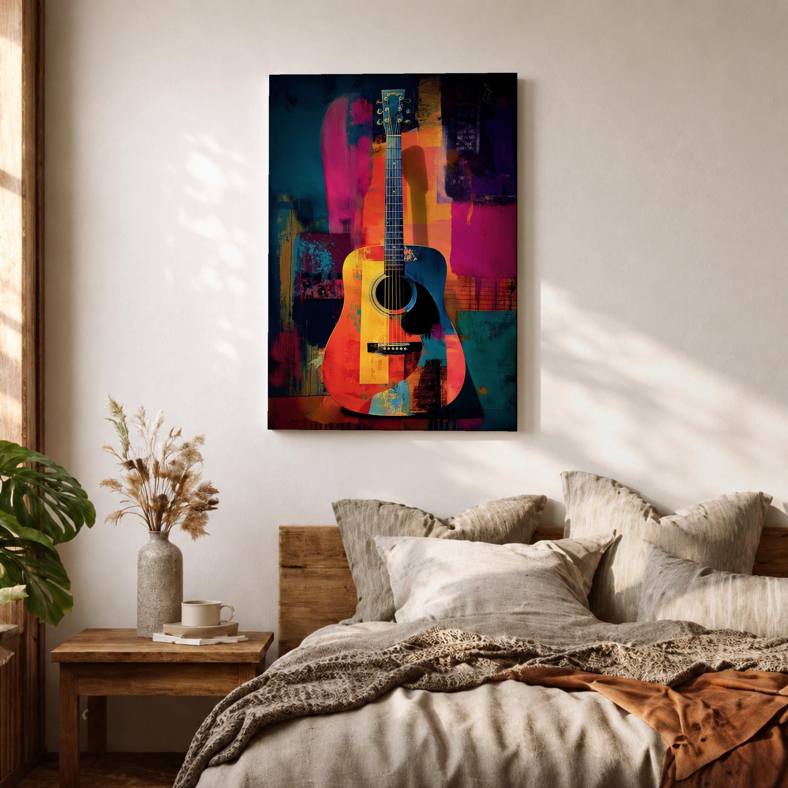 Abstract Guitar Wall Art Colorful Acoustic Framed Canvas Modern Music Painting Vibrant Decor