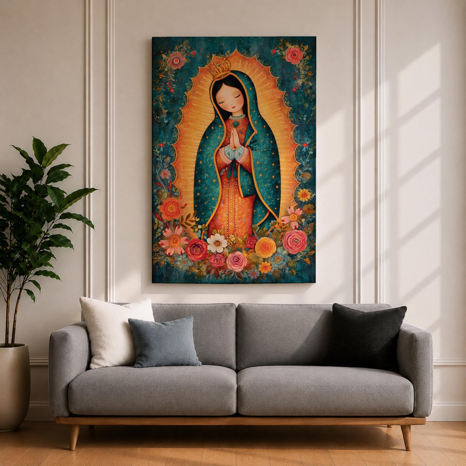 Our Lady Guadalupe Wall Art La Morenita Framed Canvas Floral Virgencita Catholic Boho Decor
