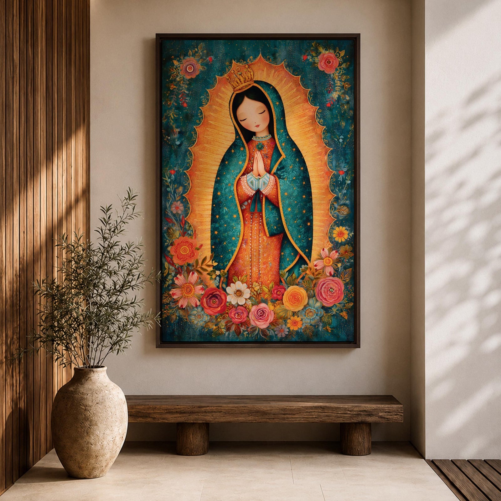 Our Lady Guadalupe Wall Art La Morenita Framed Canvas Floral Virgencita Catholic Boho Decor