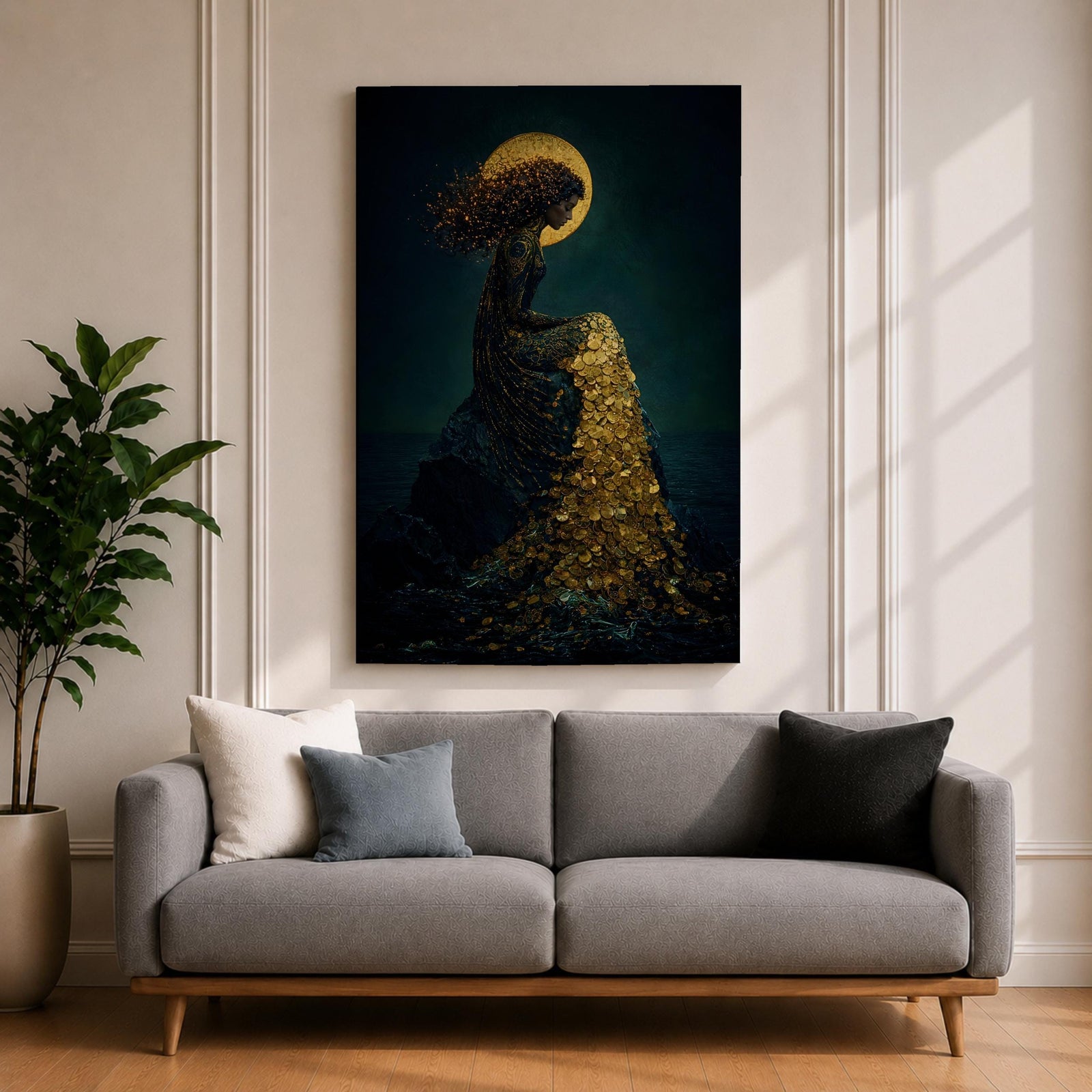 Mermaid Wall Art Moonlight Siren Framed Canvas Ocean Underwater Fantasy Blue Coastal Mythical Decor