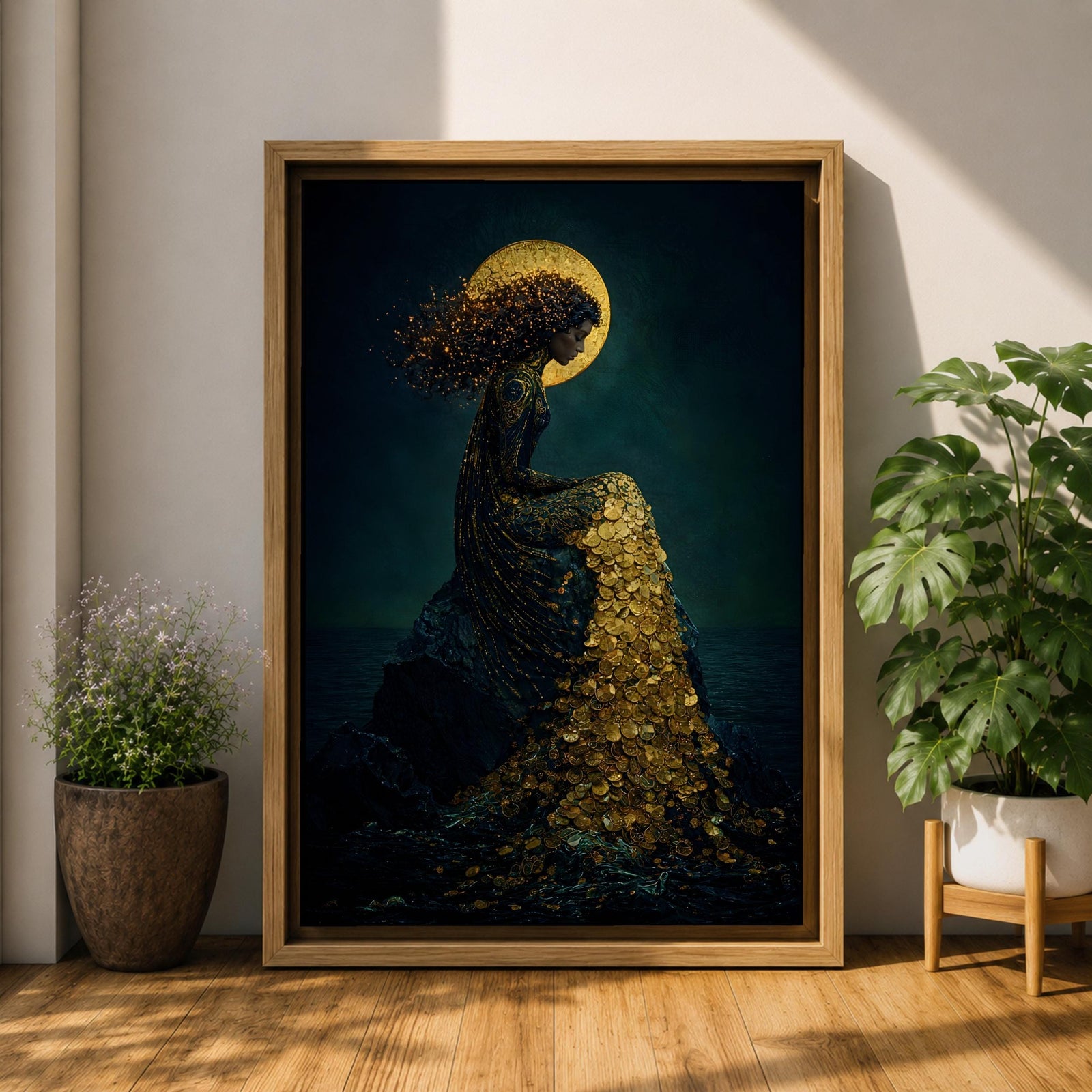 Mermaid Wall Art Moonlight Siren Framed Canvas Ocean Underwater Fantasy Blue Coastal Mythical Decor