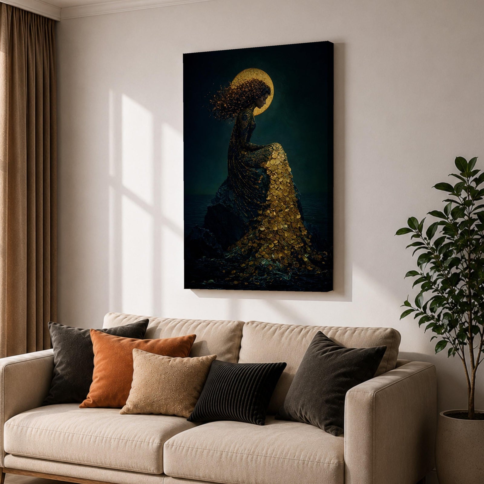 Mermaid Wall Art Moonlight Siren Framed Canvas Ocean Underwater Fantasy Blue Coastal Mythical Decor