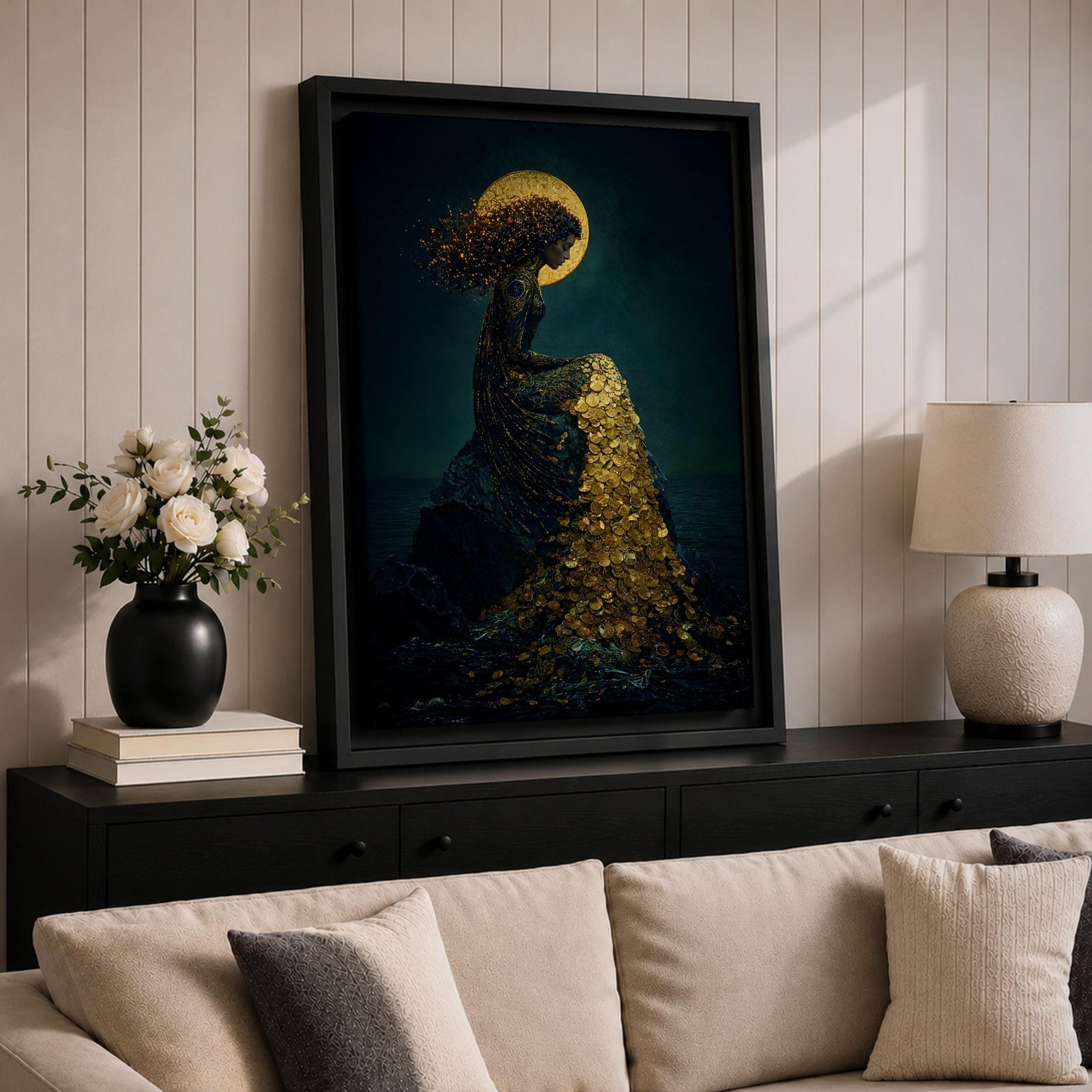 Mermaid Wall Art Moonlight Siren Framed Canvas Ocean Underwater Fantasy Blue Coastal Mythical Decor
