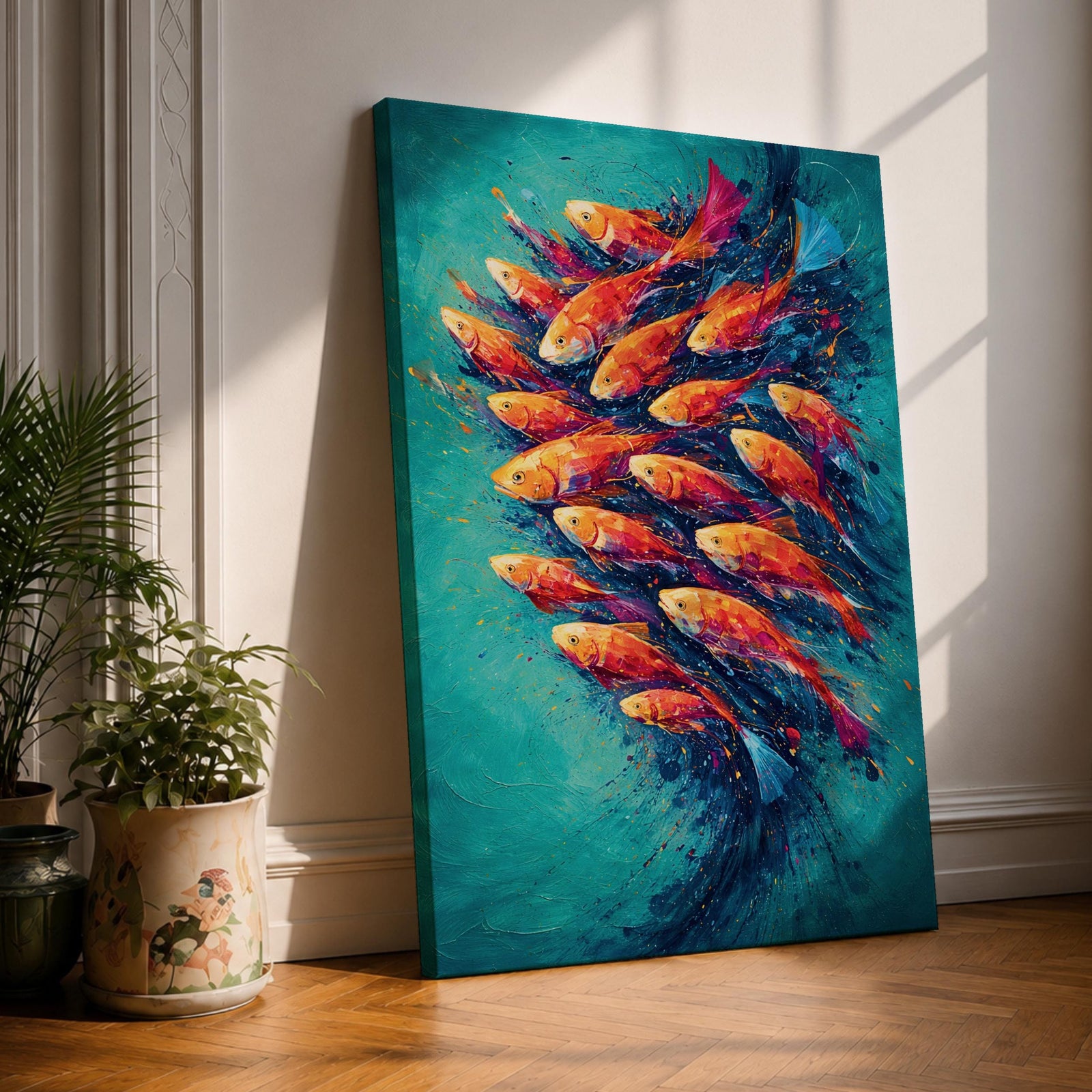School of Fish Wall Art Swirling Motion Framed Canvas Koi Abstract Aquatic Underwater Decor