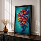 School of Fish Wall Art Swirling Motion Framed Canvas Koi Abstract Aquatic Underwater Decor