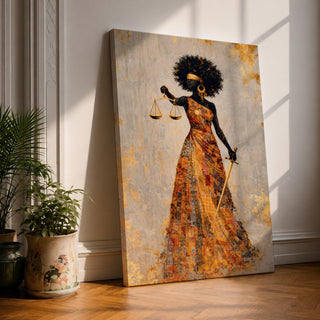 Black Lady Justice Wall Art Blindfolded Afro Framed Canvas Gold Abstract Legal Office Decor