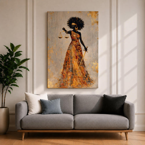 Black Lady Justice Wall Art Blindfolded Afro Framed Canvas Gold Abstract Legal Office Decor