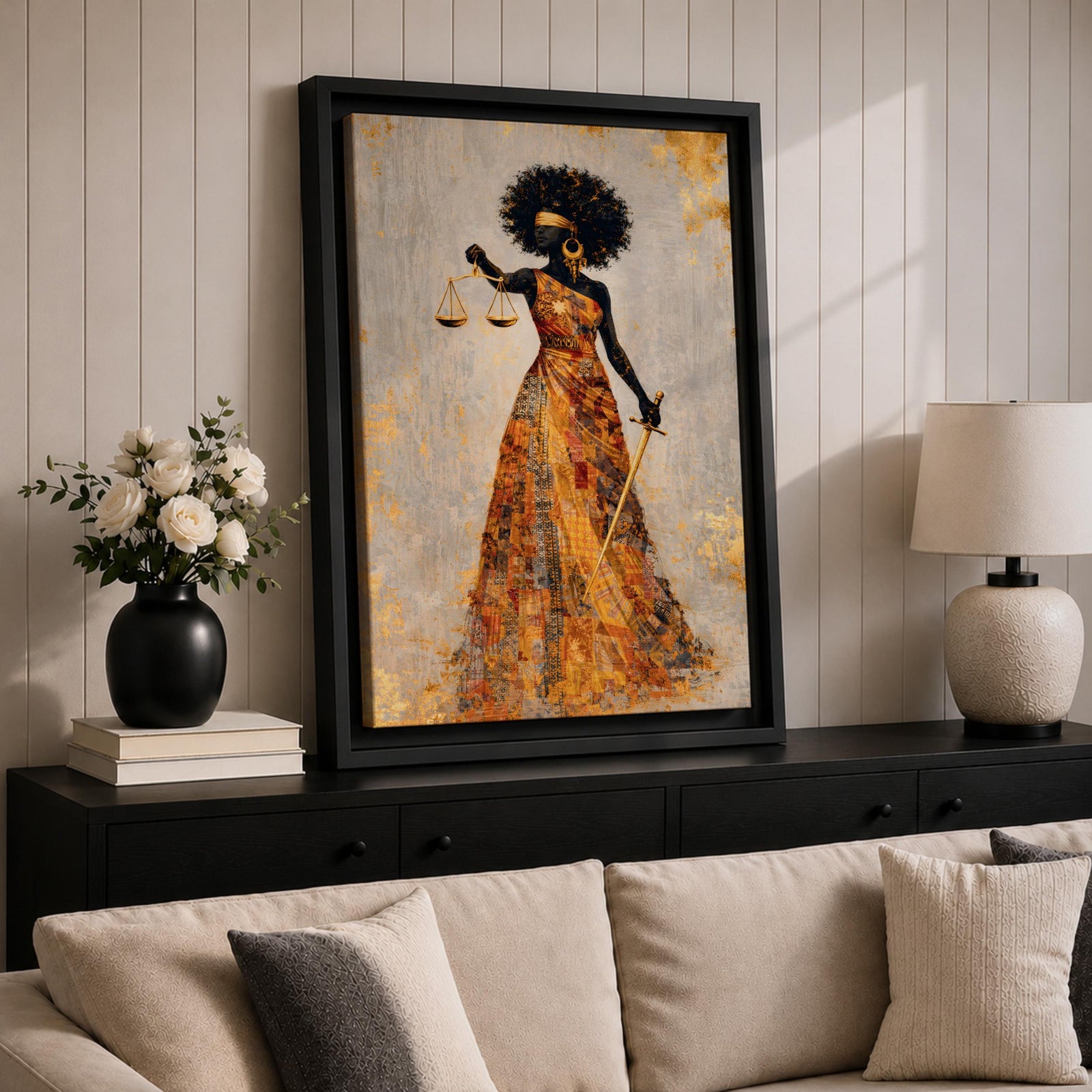 Black Lady Justice Wall Art Blindfolded Afro Framed Canvas Gold Abstract Legal Office Decor