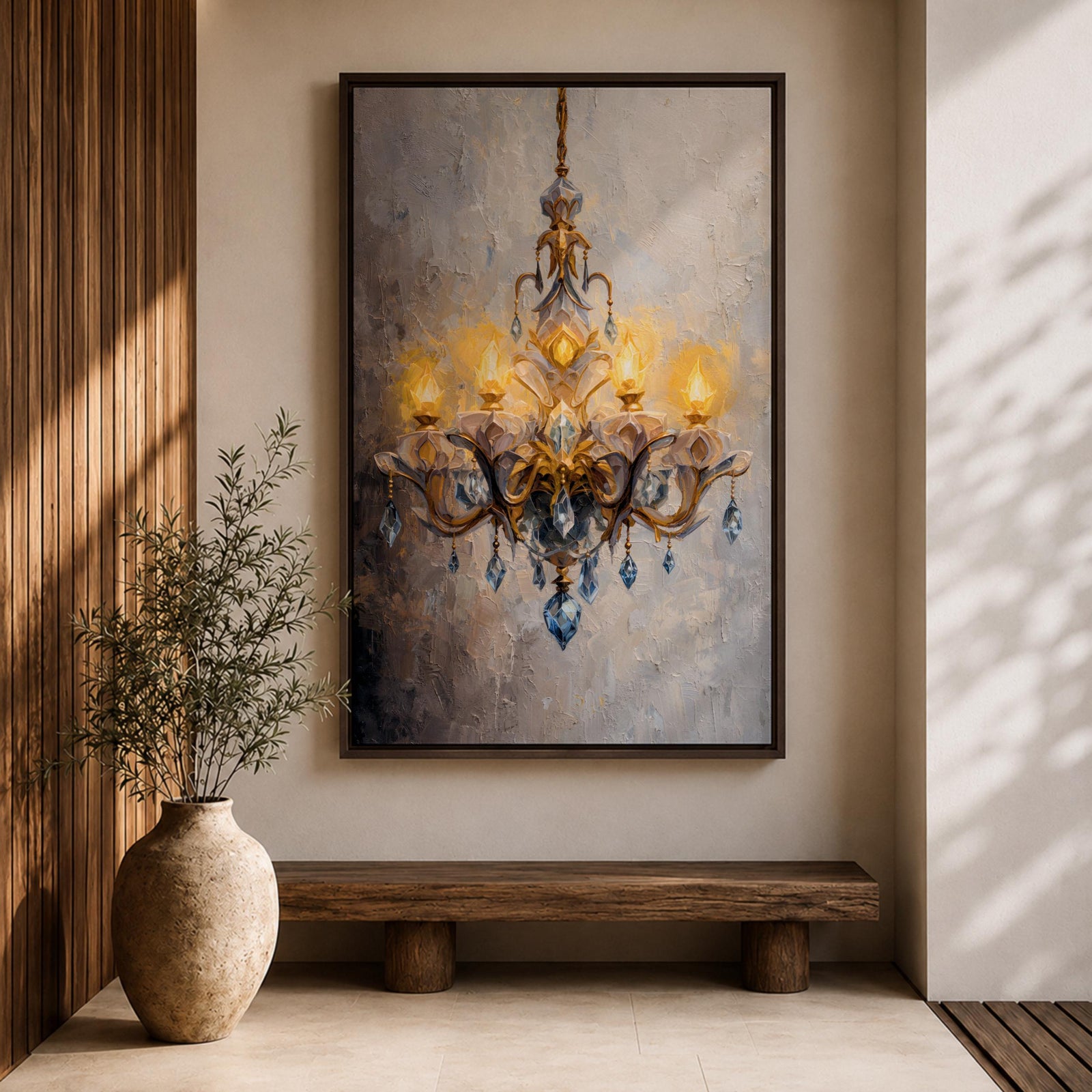 Chandelier Wall Art Crystal Lighting Framed Canvas Blue Gold Elegant Classic Luxury Wall Decor