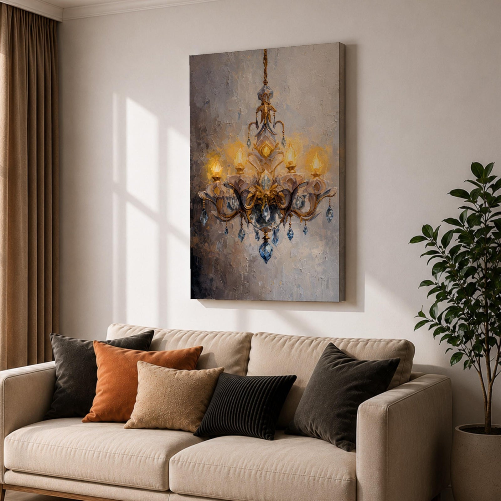 Chandelier Wall Art Crystal Lighting Framed Canvas Blue Gold Elegant Classic Luxury Wall Decor