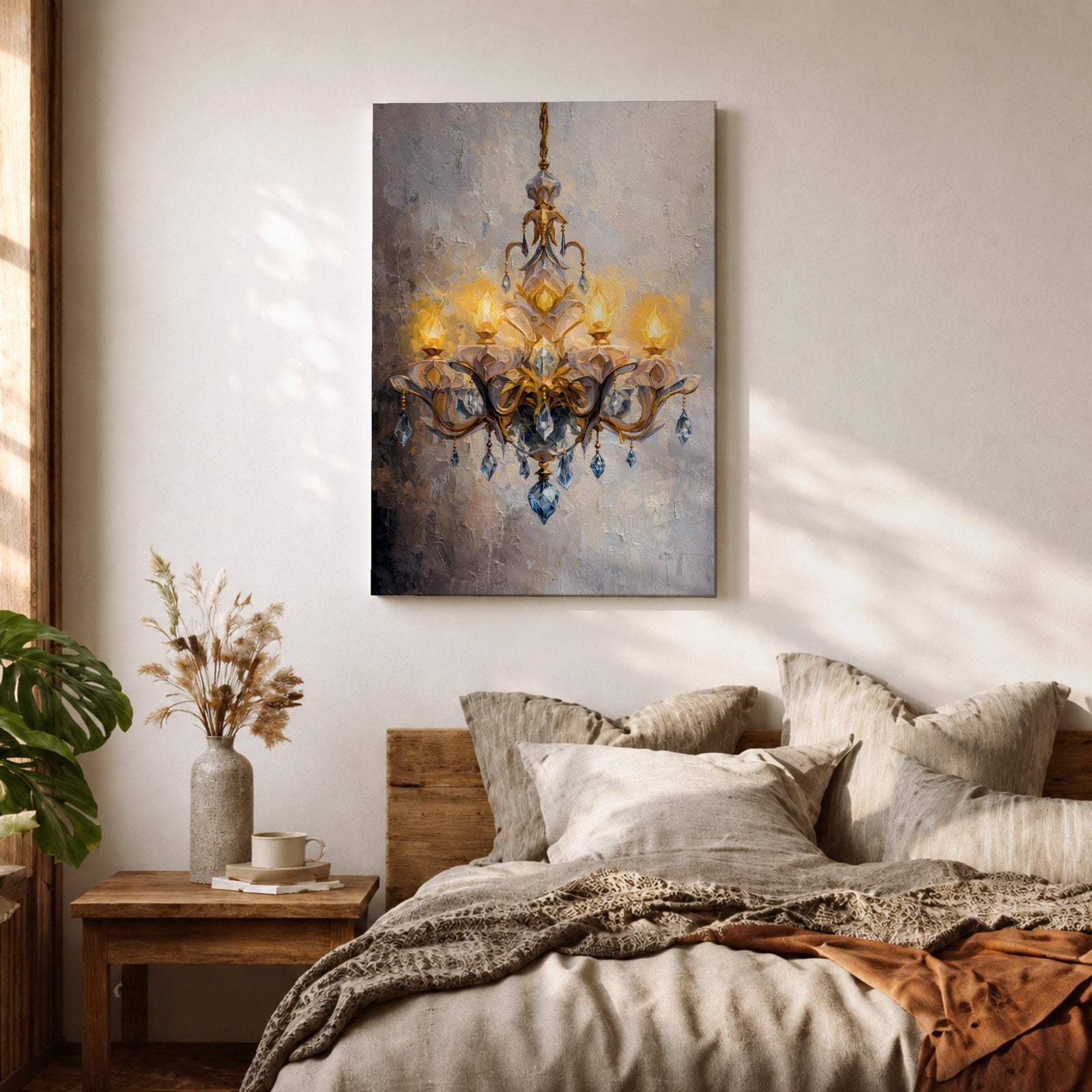 Chandelier Wall Art Crystal Lighting Framed Canvas Blue Gold Elegant Classic Luxury Wall Decor