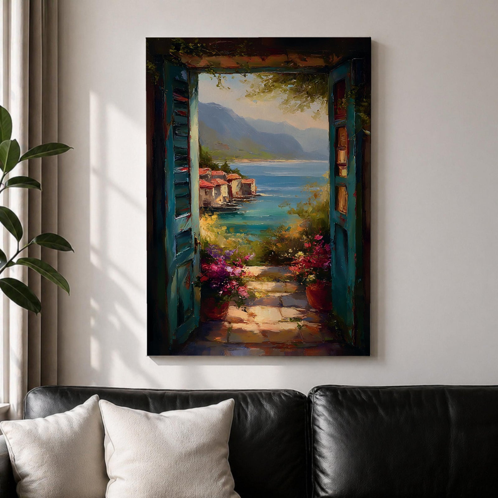 Mediterranean Coastal View Wall Art Open Door Seaside Framed Canvas Ocean Landscape Italian Decor