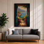 Mediterranean Coastal View Wall Art Open Door Seaside Framed Canvas Ocean Landscape Italian Decor