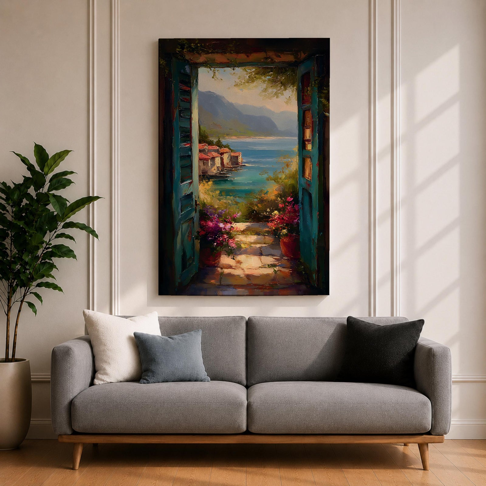 Mediterranean Coastal View Wall Art Open Door Seaside Framed Canvas Ocean Landscape Italian Decor