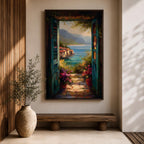 Mediterranean Coastal View Wall Art Open Door Seaside Framed Canvas Ocean Landscape Italian Decor
