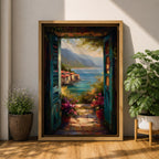 Mediterranean Coastal View Wall Art Open Door Seaside Framed Canvas Ocean Landscape Italian Decor
