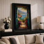 Mediterranean Coastal View Wall Art Open Door Seaside Framed Canvas Ocean Landscape Italian Decor