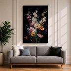 Floral Bouquet Wall Art Wildflower Botanical Framed Canvas Flower Arrangement Dark Black Moody Decor