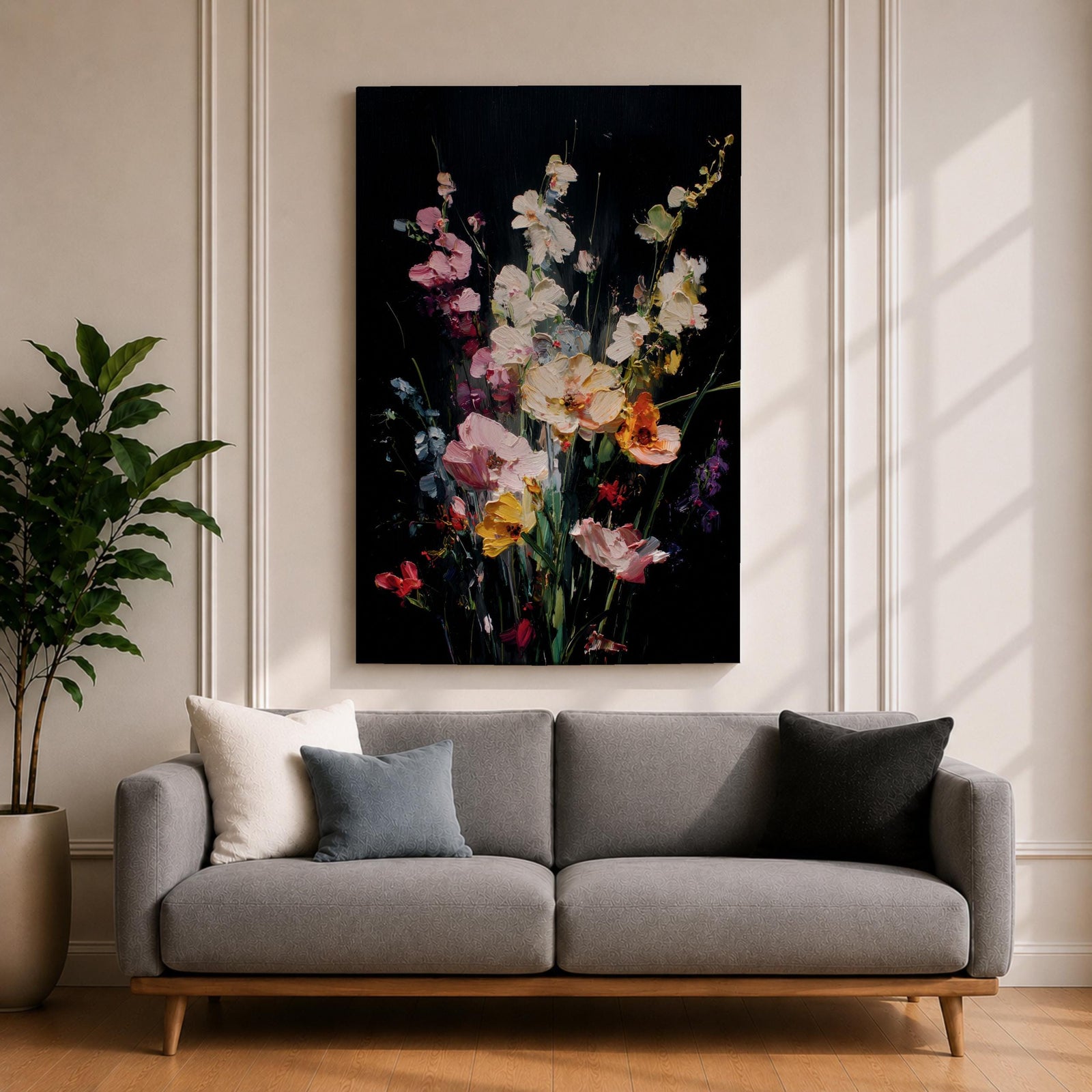 Floral Bouquet Wall Art Wildflower Botanical Framed Canvas Flower Arrangement Dark Black Moody Decor