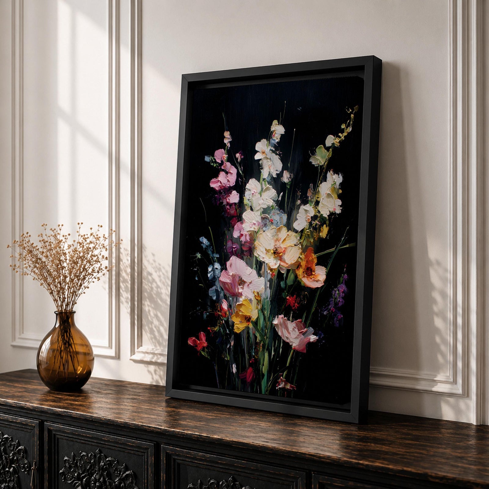 Floral Bouquet Wall Art Wildflower Botanical Framed Canvas Flower Arrangement Dark Black Moody Decor