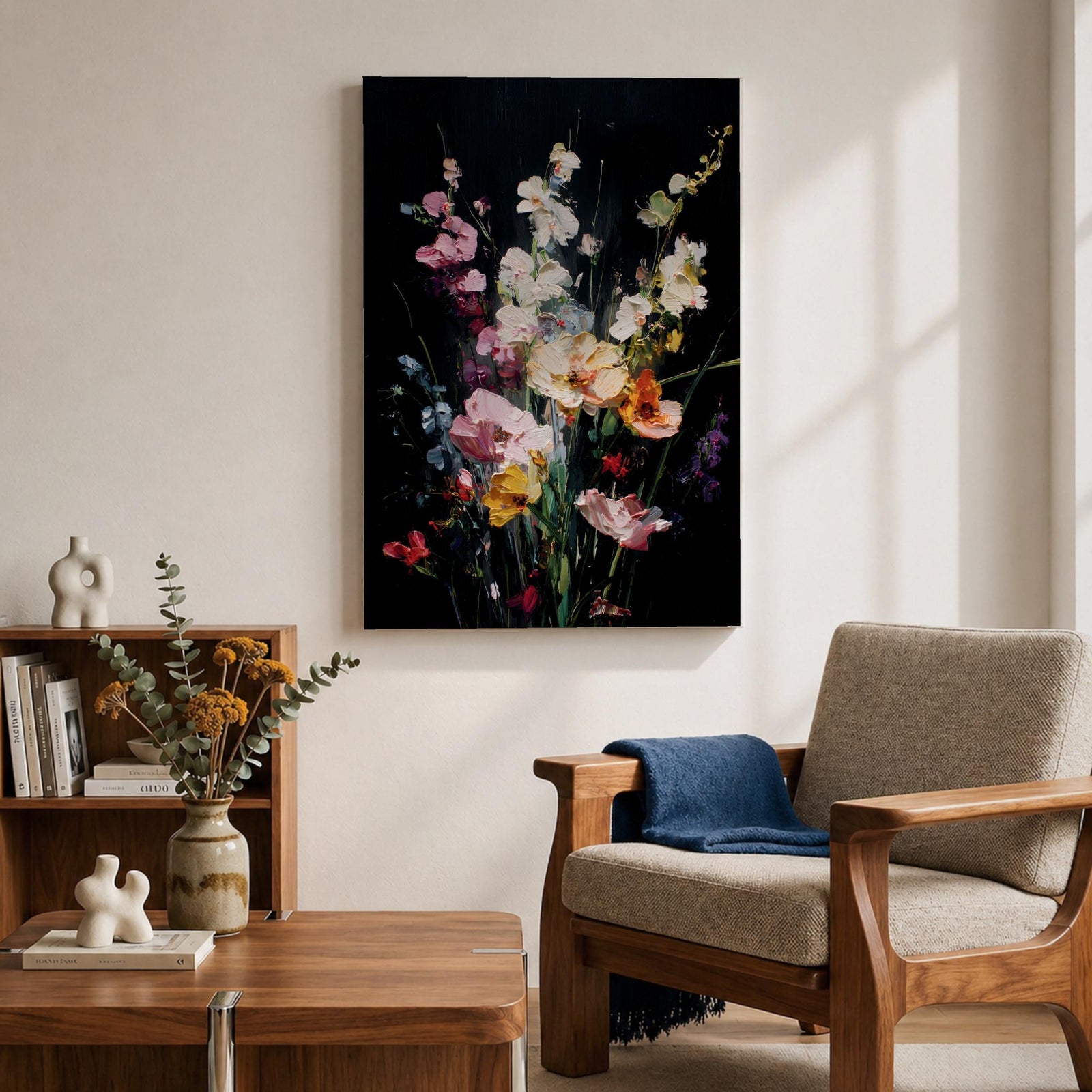 Floral Bouquet Wall Art Wildflower Botanical Framed Canvas Flower Arrangement Dark Black Moody Decor