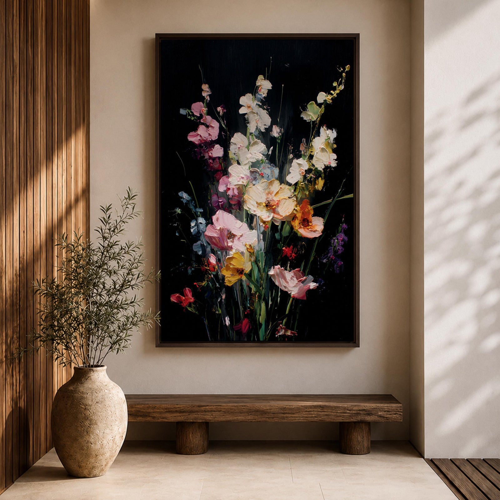 Floral Bouquet Wall Art Wildflower Botanical Framed Canvas Flower Arrangement Dark Black Moody Decor