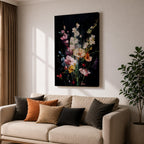 Floral Bouquet Wall Art Wildflower Botanical Framed Canvas Flower Arrangement Dark Black Moody Decor