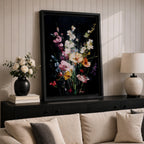 Floral Bouquet Wall Art Wildflower Botanical Framed Canvas Flower Arrangement Dark Black Moody Decor